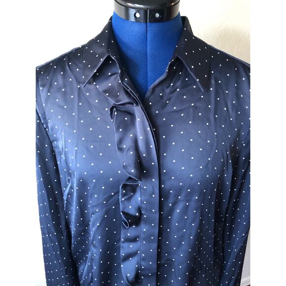 NWOT Equipment Long Sleeve Ruffle Silk Polka Dot Shirt in Navy Size S - Picture 2 of 6